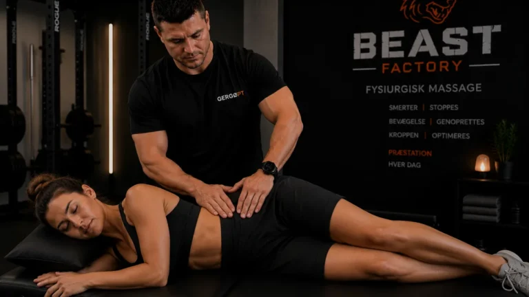 Sportsterapeut behandler hofte på klient i sideleje hos BeastFactory