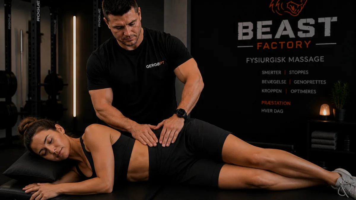 Sportsterapeut behandler hofte på klient i sideleje hos BeastFactory