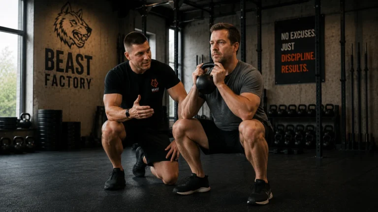 Goblet squat med kettlebell under coaching hos BeastFactory