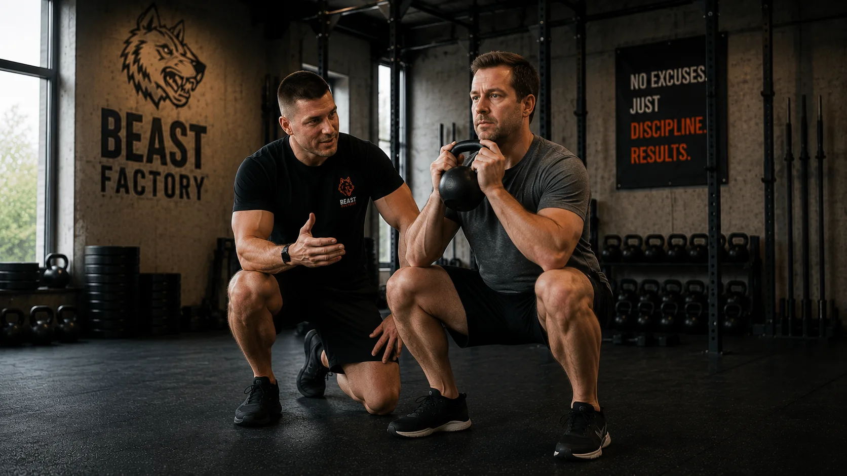 Gergø coacher en klient gennem goblet squat