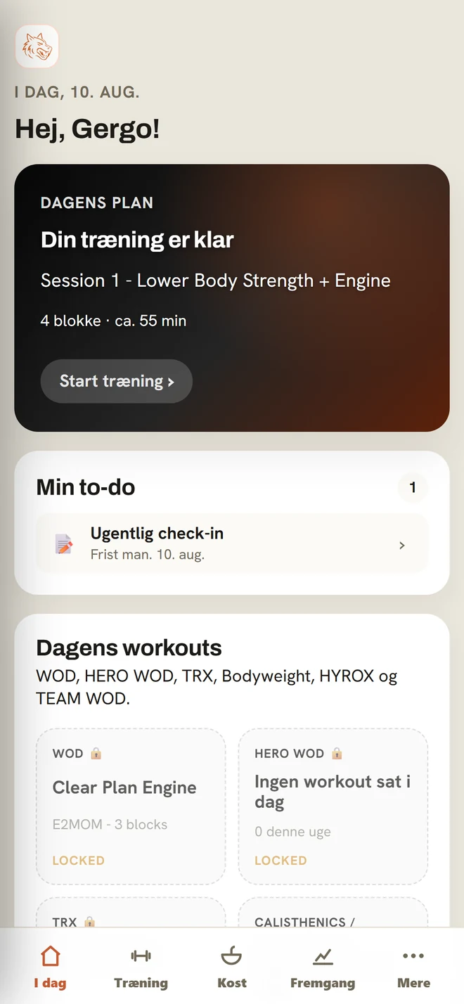 BeastFactory-appen viser dagens træningsplan, to-do-liste og dagens workouts
