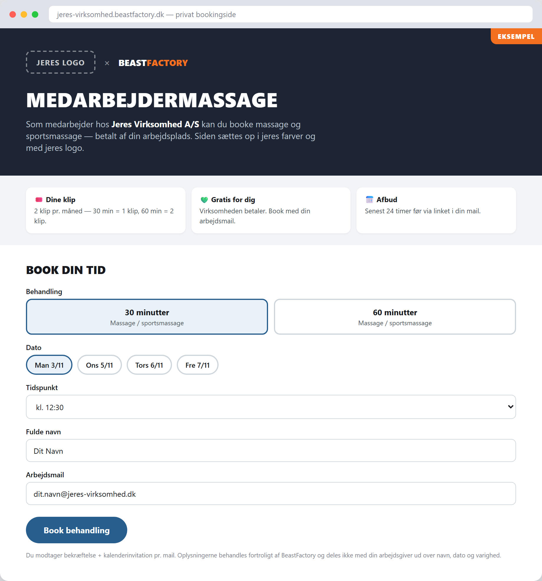 Eksempel på privat bookingside til medarbejdermassage — sat op i virksomhedens eget design